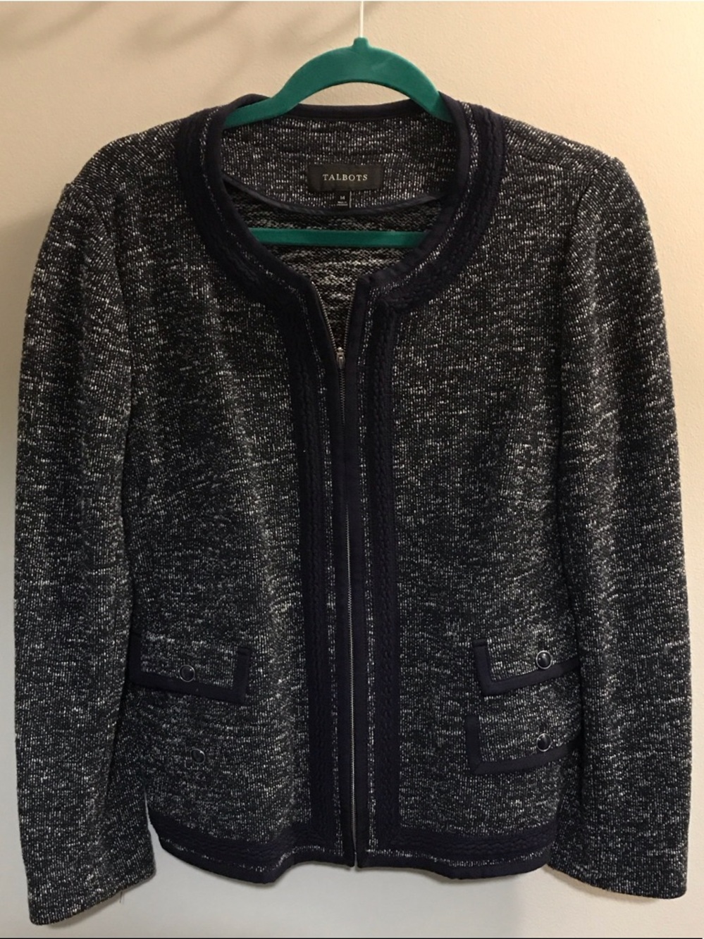 Talbots Navy and White Knit Tweed Zip-Front Jacket/Sweater